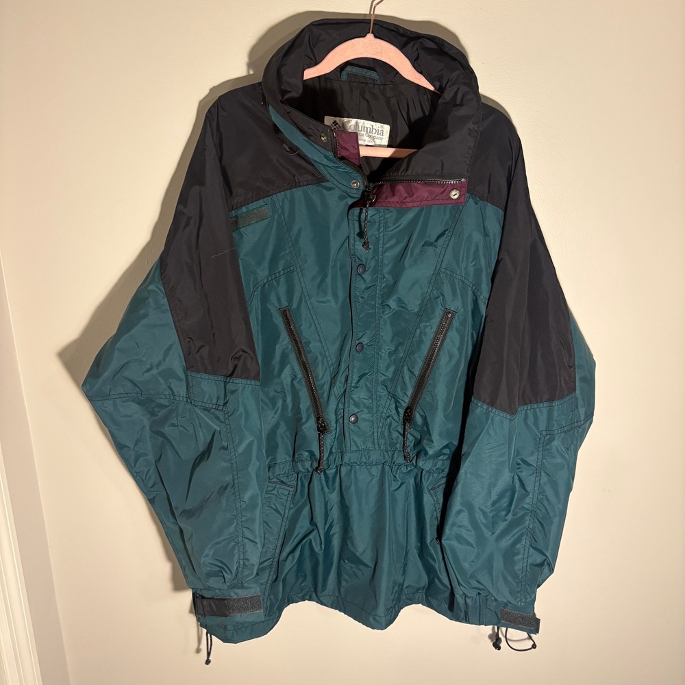 Vintage Columbia Sportswear Teal Black Colorblock Windbreaker Jacket Mens XL